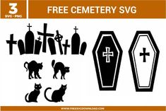 a set of black and white silhouettes of cats, graves and crosses with the text free cemetery svg