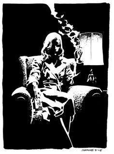 a black and white drawing of a person sitting in a chair with a lamp on