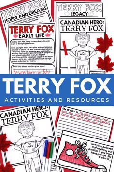 the book cover for henry fox activities and resources, with red maple leaves around it