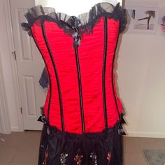 Red With Black Accents And Boning. Tulle Ruffle Accents At The Top And Bottom With Bows At Top And Bottom. This Is A Beautiful Corset Pit To Pit 16 ( On The Loosest Hook Setting ) Length Approx 15.5 Size 1 Perfect Corset Top!! New Without Tags Kawaii Forest, Black Lace Corset Top, Beautiful Corset, Forest Room, Black Lace Corset, Lace Corset Top, Lace Corset, Black Accents, Corset Top