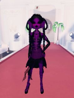 an animated image of a woman with long hair and purple makeup, standing on a pink carpet