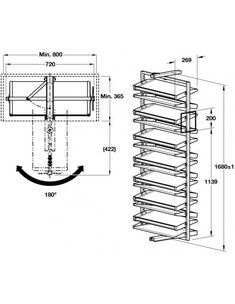 the drawing shows an image of a metal rack with shelves and drawers, as well as measurements