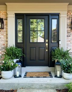 two potted plants sit on the front steps of a house, next to a black door