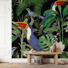 a tropical wallpaper with toucan birds and palm leaves