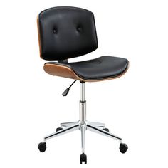 an office chair with wheels and a black leather seat on the back, against a white background