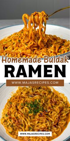 the recipe for homemade ramen is shown with noodles and vegetables in sauce on top