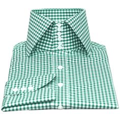 "Men's High Spread Collar Green & White Gingham Checks Dress Shirt 100% Cotton Kent Windsor Style, Harry Hill Style MADE-TO-ORDER CLOTHES Shirt Style: High Spread Collar/ Iconic Windsor Collar/ Wide Collar/ English Spread Collar/ Edwardian Collar/ High Collar Pattern: Small Checks/ Tiny Checks Collar Style: 3\" High stiff spread 6 collar buttons Cuff: 4\" wide single cuff, with 3 buttons The shirt will be made in a single cuff.  Should you want a double cuff / French cuff, (for cufflinks) please leave a note with the order or drop us a message after ordering. Pockets: Without pocket (Chest pocket can be added on request) Fabric: 100% Egyptian cotton soft & comfortable fabric Sleeves: Full Sleeves/ Long Sleeves Fine stitched (20-21 stitches per inch) Cleanly finished buttonholes Flat Felled Mens High Collar Shirts, Harry Hill, High Collar Shirts, Shirt Collar Styles, Formal Shirt Dress, Check Dress Shirt, Double Cuff, Green Gingham, Cotton Shirts For Men