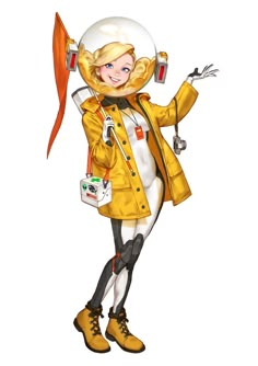 a woman in an orange jacket and yellow boots is standing with her arms out to the side