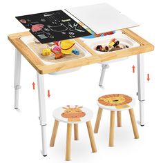 a wooden table with two stools and an open book on it