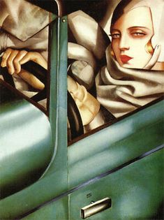 a painting of a woman sitting in a green car with her head out the window