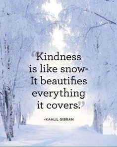 a snowy path with trees in the background and a quote about kindness is like snow - it beautifies everything it covers