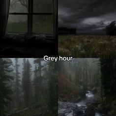 there are two pictures with trees in the background and one has a window that says grey hour