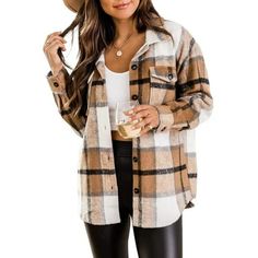 Flannel Shirts for Women Plaid Jackets Winter Fashion Shackets for Woman Button Down Coats Blouse Plaid Jacket for women use breathable and comfortable polyester, more friendly skin and comfy to wear in spring, fall and winter. Plaid flannel shirts for women features button down shirt , chest with pockets, lapel long sleeve, stylish and chic. You will never out of style for this plaid shacket jackets , a daily trendy must-have for your wardrobe. The classic plaid shirt gives the impression of being generous and elegant. Size: L.  Color: Brown.  Gender: female.  Age Group: adult. Fall Flannel, Womens Flannel Shirt, Long Sleeve Outerwear, Flannel Women, Casual Vest, Plus Size Kleidung, Beauty And Fashion, Loose Blouse, Plaid Jacket