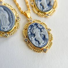 * 18K Gold plated brass chain. Tarnish resistant.  24K gold filled pendant. Laser engraved blue agate, amazing 3D details.  * Total length: 18" plus 2" extension. Lobster clasp. Please choose the desired length, chain style  and pendant style in drop down menu.  * Beautiful vintage inspired victorian style pendant. * We ship in 1-3 days.  * All jewelry comes in a beautiful environment conscious packaging, gift-ready. *  Feel free to send us a message should you have any questions, we reply fast. Mary Necklace, Virgin Mary Necklace, Victorian Necklace, Angel Necklace, Necklace Layered, Cameo Necklace, Rose Gold Foil, Agate Necklace, Blue Agate