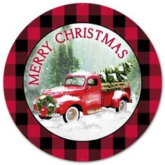 12 Merry Christmas Truck Round Plaid Tin Metal Christmas Red Farm Truck Wreath Accent Sign Easy Wreaths, Christmas Red Truck, Vintage Red Truck, Christmas Tree Truck, Fresh Christmas Trees, Merry Christmas Sign, Christmas Truck, Vintage Truck, Cards Christmas