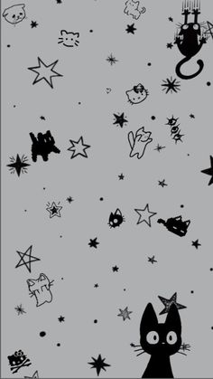 black and white drawing of cats in the sky with stars on it's sides