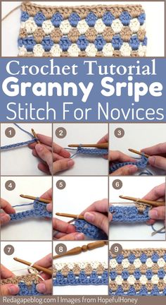 the crochet granny stripe stitch for novices is shown with instructions to make it