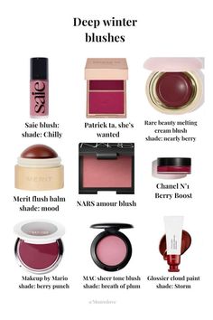 Makeup For Deep Winter, Deep Winter Blush, Burnished Winter, Deep Winter Makeup, Glossier Blush, Blush Swatches, Winter Board, Colour Analysis, Patrick Ta