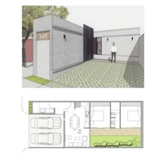 the floor plan for this house is shown in two separate sections, one with a garage and