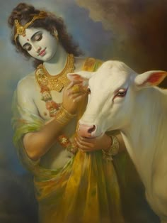 a painting of a woman holding a cow in her arms and wearing a gold necklace