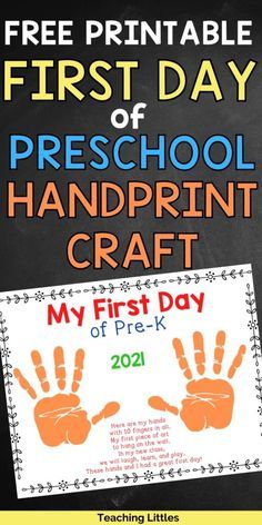 the first day of preschool handprint craft is in front of a chalkboard with two hands on it