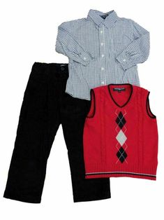 Sahara Club Boys Holiday Outfit Dress Shirt Pants & Red Argyle Sweater 4 This great looking dress up outfit includes black corduroy slacks, a white & black check long sleeved button up shirt, and a red knit argyle vest. It is perfect for your holiday pictures or Christmas day! Boy's sizes 3 Piece Set Shirt: 100% Cotton Vest: 100% Cotton Pants: 100% Cotton, zipper & button Brand: Sahara Club Payment We accept PayPal as our payment method. Immediate payment is required. If you have any questions a Red Argyle Sweater, Argyle Vest, Dress Up Outfits, Cotton Vest, Holiday Pictures, Outfit Dress, Holiday Outfit, Argyle Sweater, Shirt And Pants