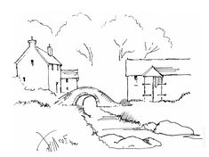 a black and white drawing of houses near a river with a bridge in the foreground