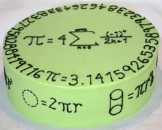 a yellow cake with black writing and numbers on the frosting is sitting on a white tablecloth