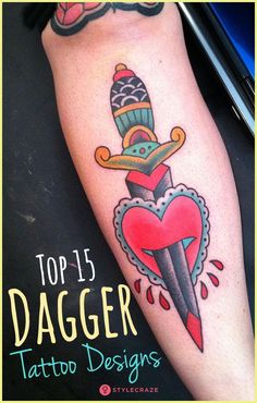 Daggers may be considered a more masculine object to feature but it inspires a lot of women too! Here are 15 of the best dagger tattoo designs till date. Heart Dagger Tattoo, A Heart Tattoo, Traditional Dagger Tattoo, 16 Tattoo, Knife Tattoo, Heart Tattoos, Flash Sheet