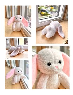 four different pictures of stuffed animals sitting on a window sill, one in pink and the other in white