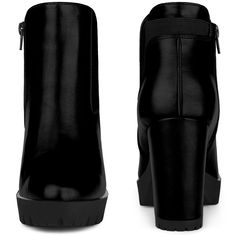 Made in a basic color that will add of color to your ensembles, these platform faux leather Chelsea boots with stretchable sides are the perfect pair to take you through your day in style. Chelsea Ankle Boots; Round Toe; Block High Heels; Vamp: Faux Leather; Outsole: TPR; Heel: ABS. Please check your size to make sure the item fits before ordering.