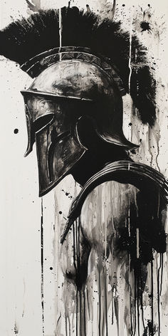 a black and white painting of a helmet on top of a man's head