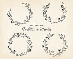 four wreaths with flowers and leaves on them, all drawn in ink by hand