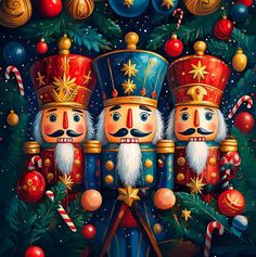 three nutcrackers are standing in front of a christmas tree