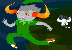 a drawing of a cartoon character with horns on his head and an animal in the background