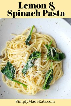 Lemon pasta with wilted spinach and parmesan. Lemon Spinach Pasta, Garlic Spinach Pasta, Spinach Pasta Recipe, Lemon Pasta Recipe, Lemon Spinach, Lemon Pasta Recipes, Spinach Pasta Recipes, Summer Pasta Recipes, Spaghetti With Spinach