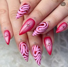 Pink And Purple Nails Designs Ideas, Chappel Roan Nails, Hot Pink Nails Ideas, Magenta Nails Design, Hot Pink Nails With Design, Polish Mountains, Rave Nails, Hot Pink Nails, Purple Nail Designs