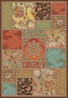 a patchwork rug with many different colors and designs on the front, including red, green