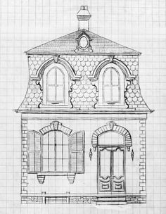 a drawing of a house with arched windows