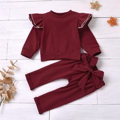 Baby Girls Solid Color Ruffled Long Sleeve Top & Trousers Wholesale Clothing Baby - PrettyKid Cute Winter Sets With Ruffles, Cute Red Sets For Fall, Baby Boy Boutique Clothing, Trendy Trouser, Fancy Fabric, Trouser Outfits, Kids Designer Dresses, Ruffle Long Sleeve, Fashion Wear