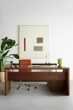 an office with a desk, chair and potted plant