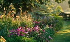 a garden filled with lots of flowers next to a lush green field and tree covered forest