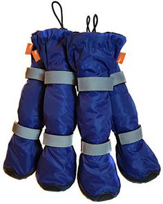 two pairs of blue snow boots with grey straps on the bottom, and one pair has orange tags attached to them