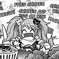 an advertisement for chicken and rice with a cartoon girl eating her meal in the background