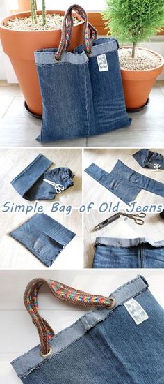 four pictures showing how to make a bag out of old jeans, including the inside and outside pockets