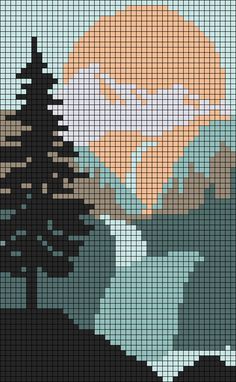 a cross stitch pattern with trees and mountains in the background