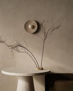 a white table with a plant in it and a hat on the wall behind it