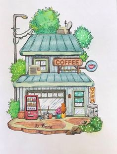 a drawing of a coffee shop on the corner