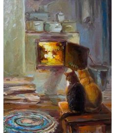 a painting of a cat sitting in front of an oven