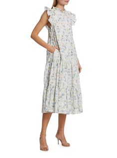 Floral Midi Dress Featuring Ruffle Cap Sleeves and Eyelet Detailing Color: Olive Multi 100% Cotton Hand Wash Cold + Line Dry Fits True to Size Eliza Dress, Tiered Midi Dress, Cotton Midi Dress, Floral Ruffle, Floral Style, Floral Midi Dress, Dresses Xs, Day Dresses, Floral Dress